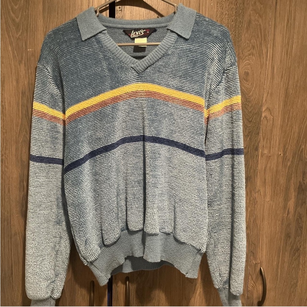 Levi's Blue V-Neck Sweater with Yellow and Navy Stripes